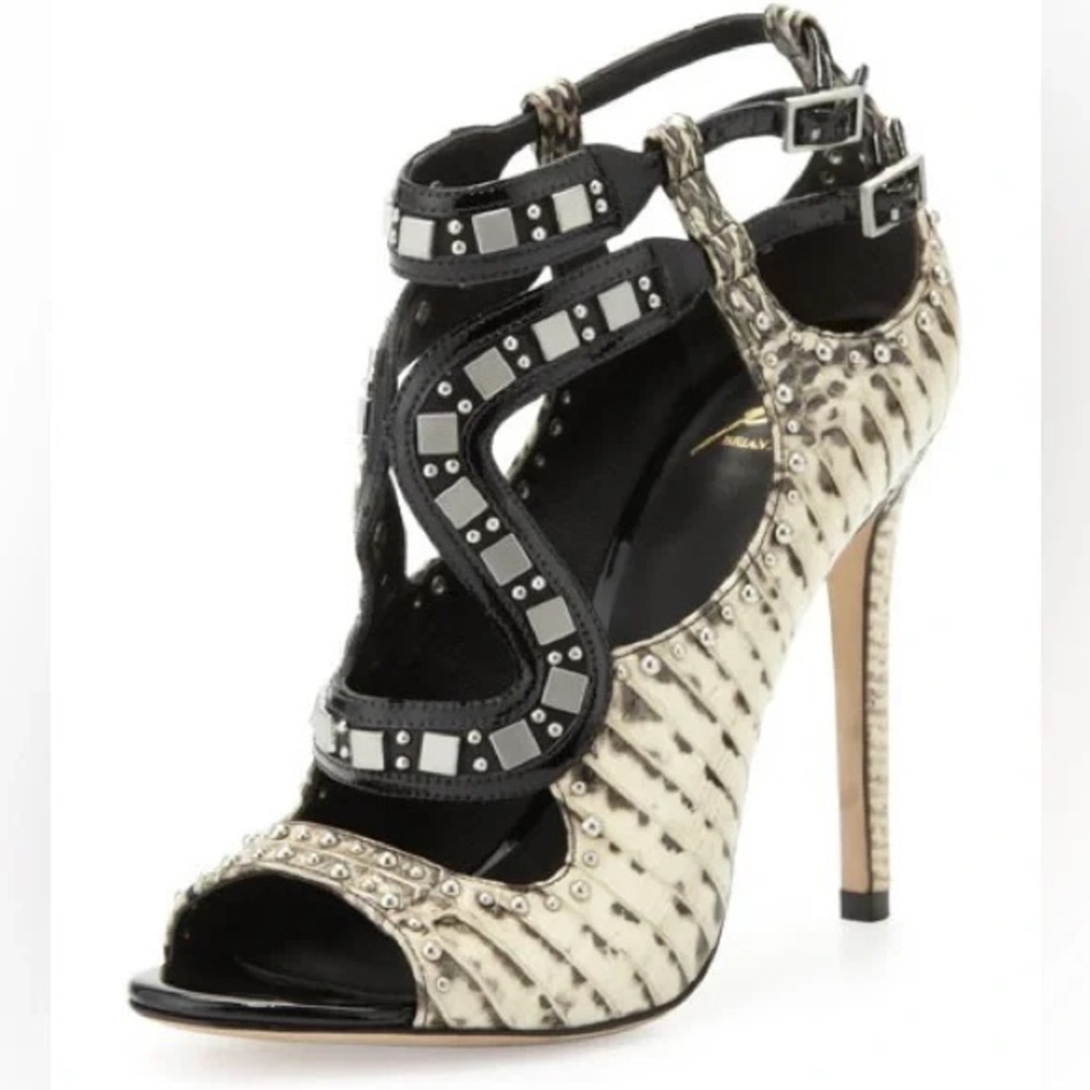 B Brian Atwood Black and Gold Studded Cutout Stiletto Sandals